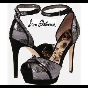 𝅺SAM Edelman PAISLEY Sequin Ankle Strap Platform Gray silver Size 8